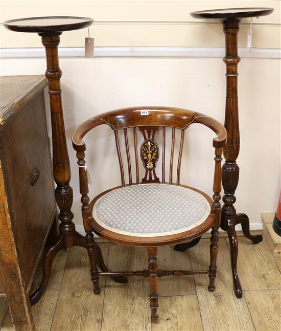 Edwardian inlaid mahogany tub chair and a pair of carved mahogany torcheres Torchere H.109cm